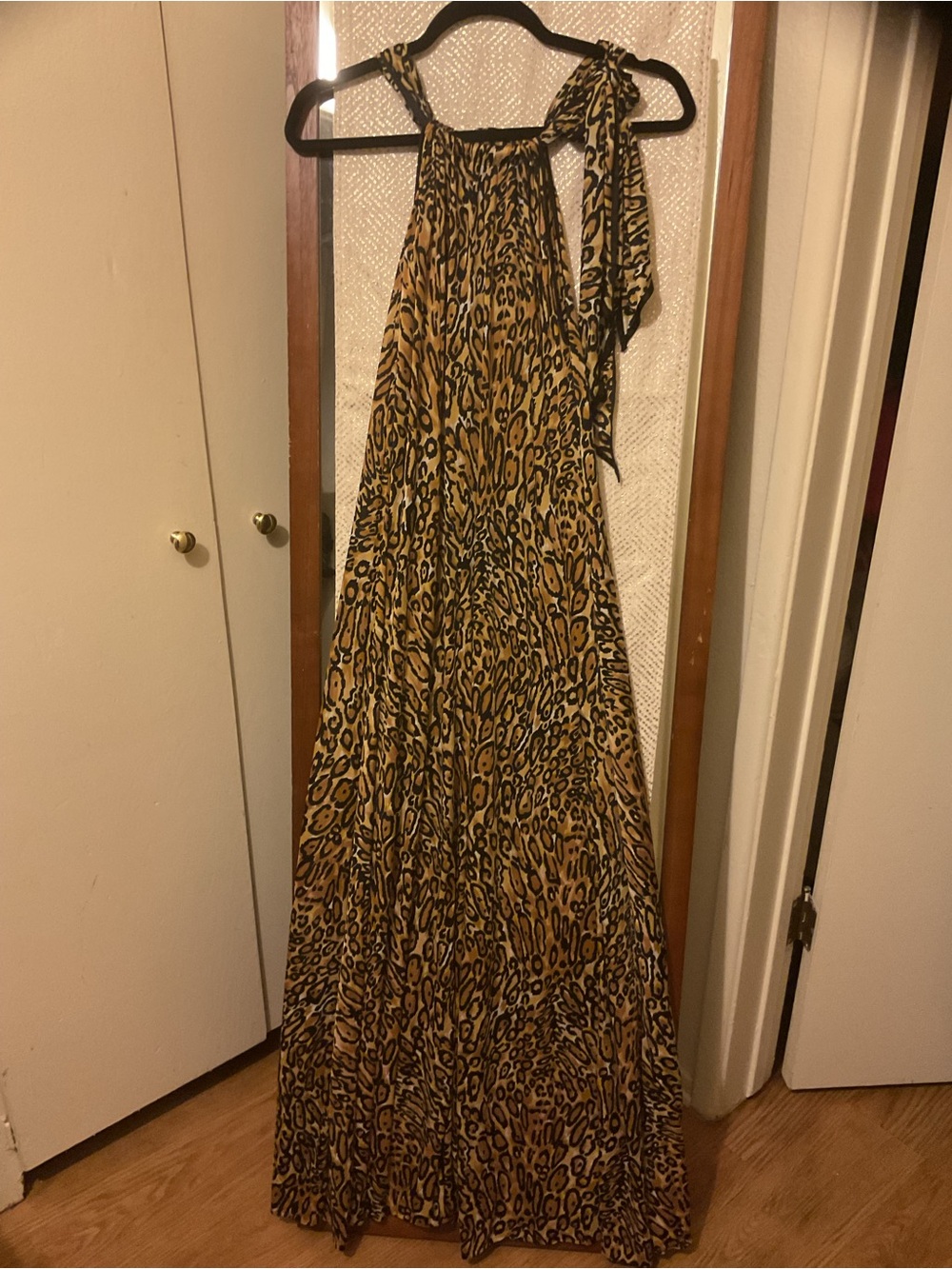 Halter Animal-Print Maxi Dress in Tan and Black
